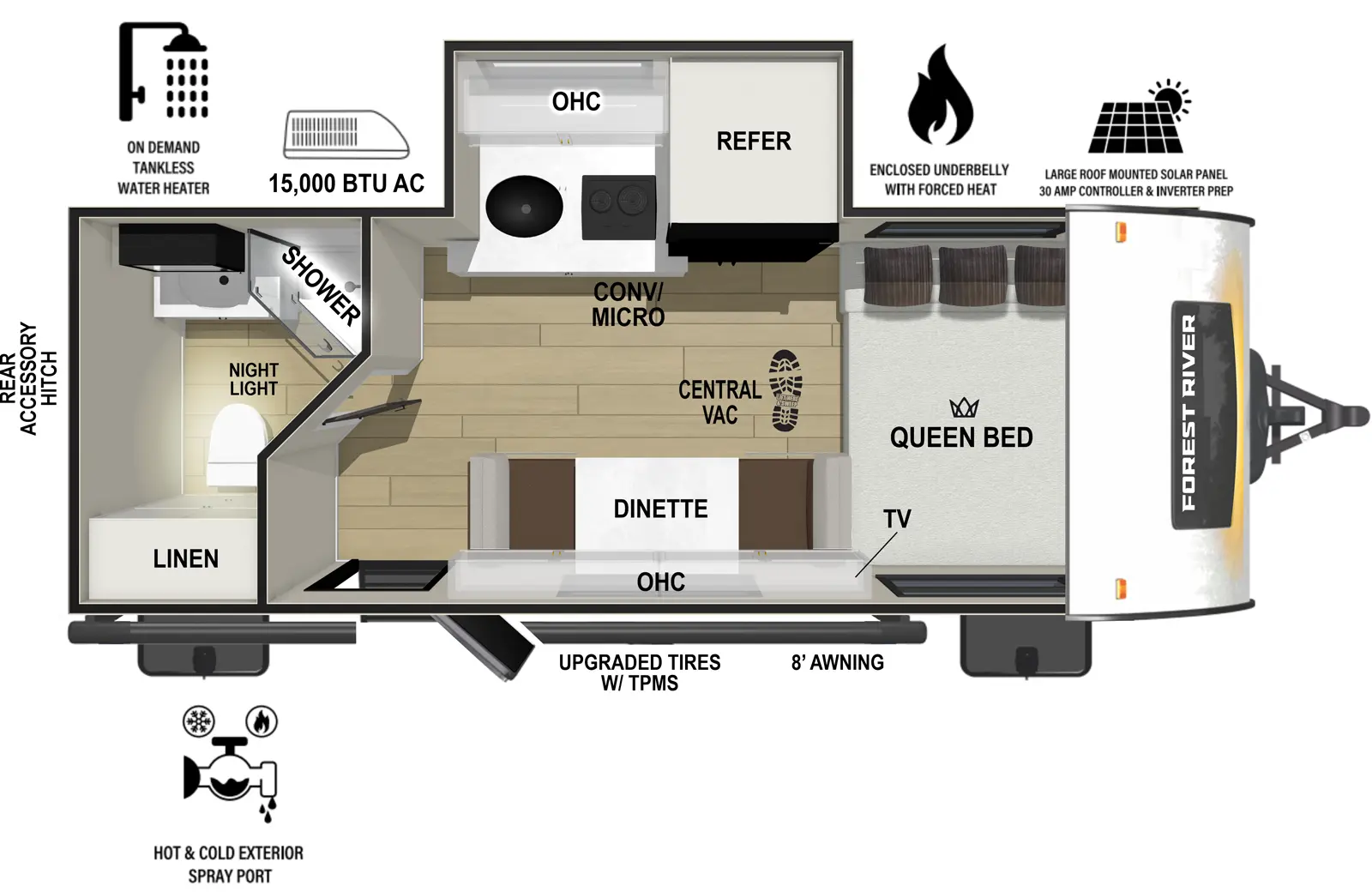 The RP-180 has one slideout and one entry. Exterior features upgraded tires with TPMS, hot and cold spray port,  8 foot awning, rear accessory hitch, on demand tankless water heater, 15,000 BTU air conditioner, enclosed underbelly with forced heat, and large roof mounted solar panel 30 amp controller & inverter prep. Interior layout front to back: side-facing queen bed; off-door side slideout with refrigerator, kitchen counter with convection microwave, cooktop, sink, and overhead cabinet; door side dinette with overhead cabinet, TV, central vacuum, and entry door; rear full bathroom with linen closet, and night light.